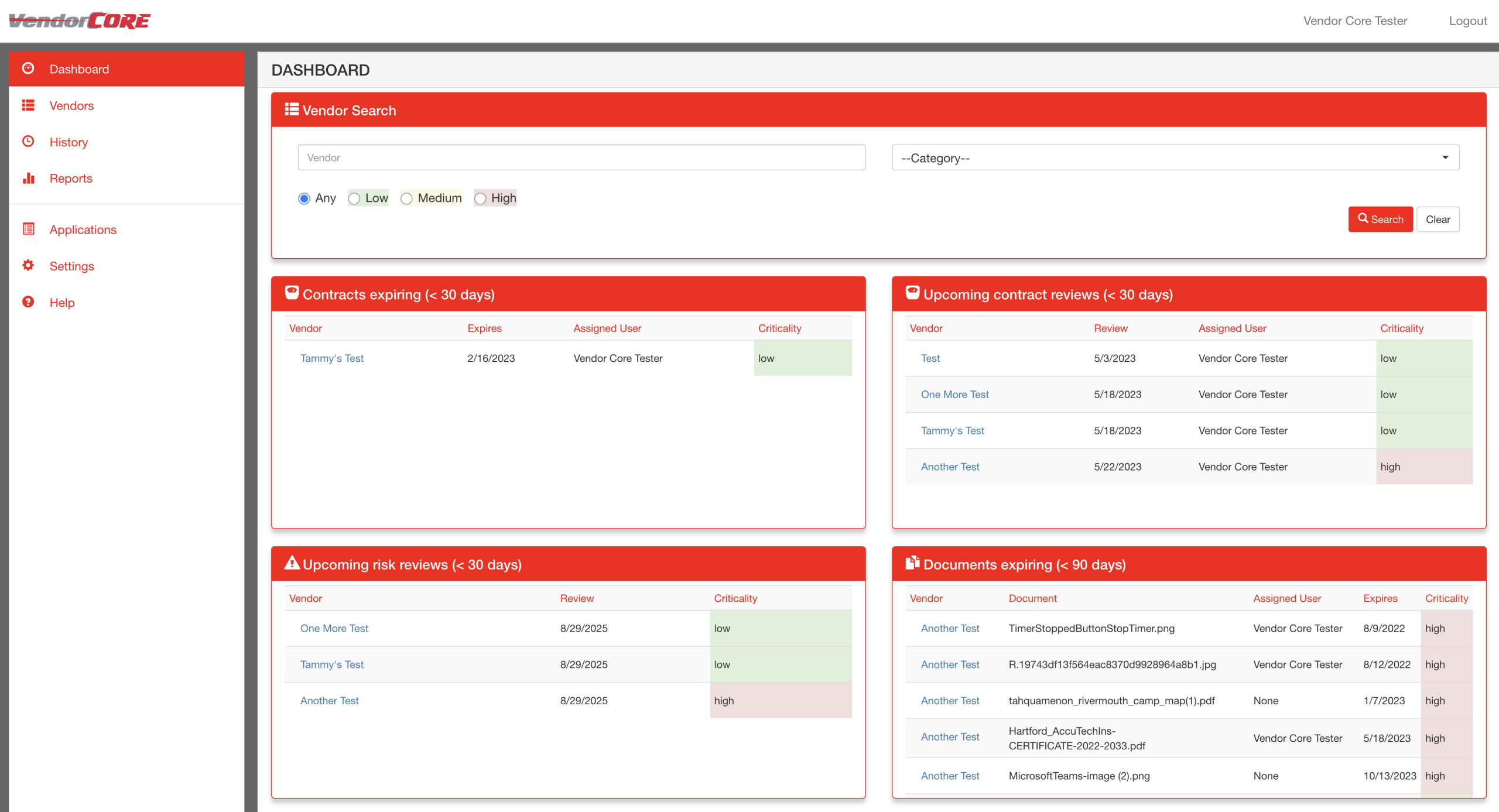 Vendor Core Demo - Dashboard